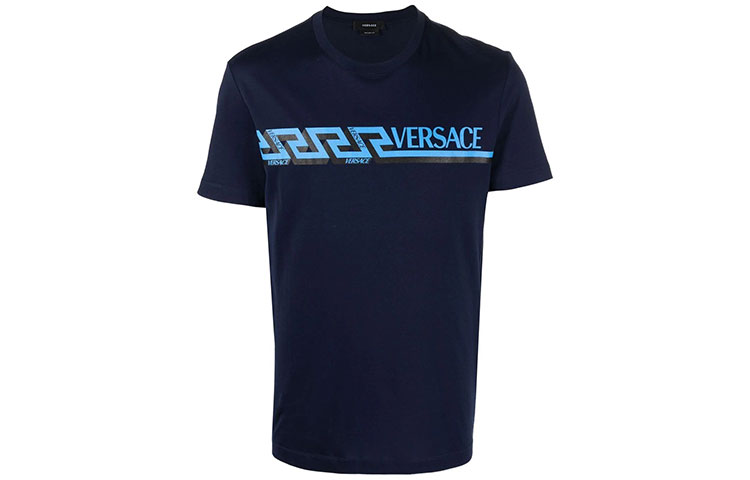 VERSACE SS22 Logo Print Crew Neck Casual T-Shirt Men’s Blue 1003911-1A02781-1U830