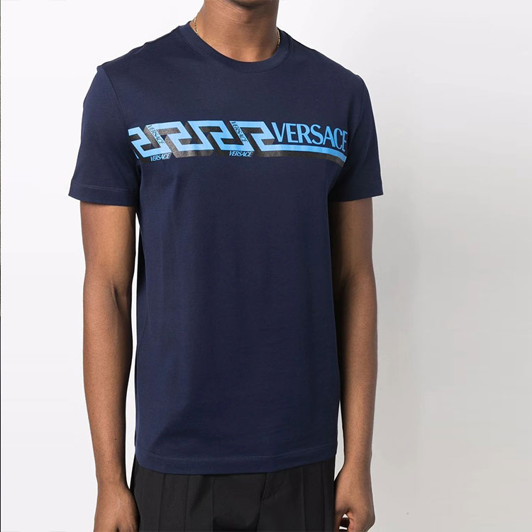 Shop VERSACE SS22 Logo Print Crew Neck Casual T-Shirt Men’s Blue 1003911-1A02781-1U830