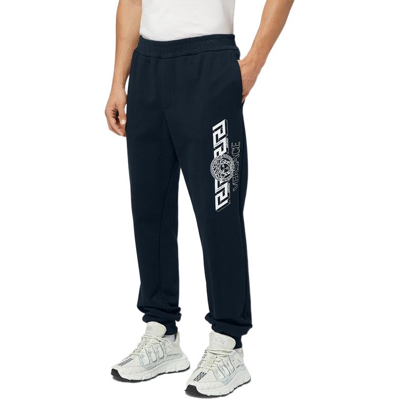 Shop VERSACE SS22 Pantalones de Punto Logo Medusa Azul Marino 1004170-1A02861-1U830