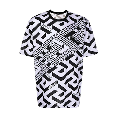 Versace SS22 Printed Logo Cotton Crewneck T-Shirt Black White. 1003393-1A023515-L160