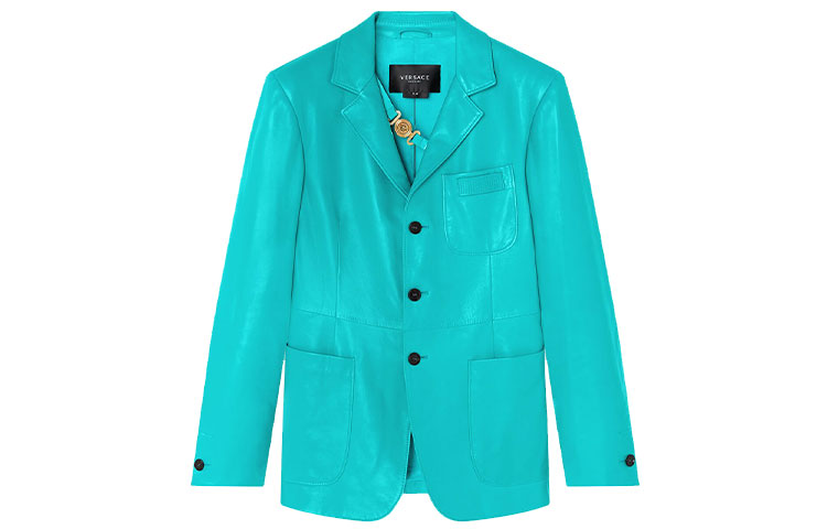 Versace SS22 Single-Breasted Lambskin Leather Jacket Blue 1004511-1A03177-1V560
