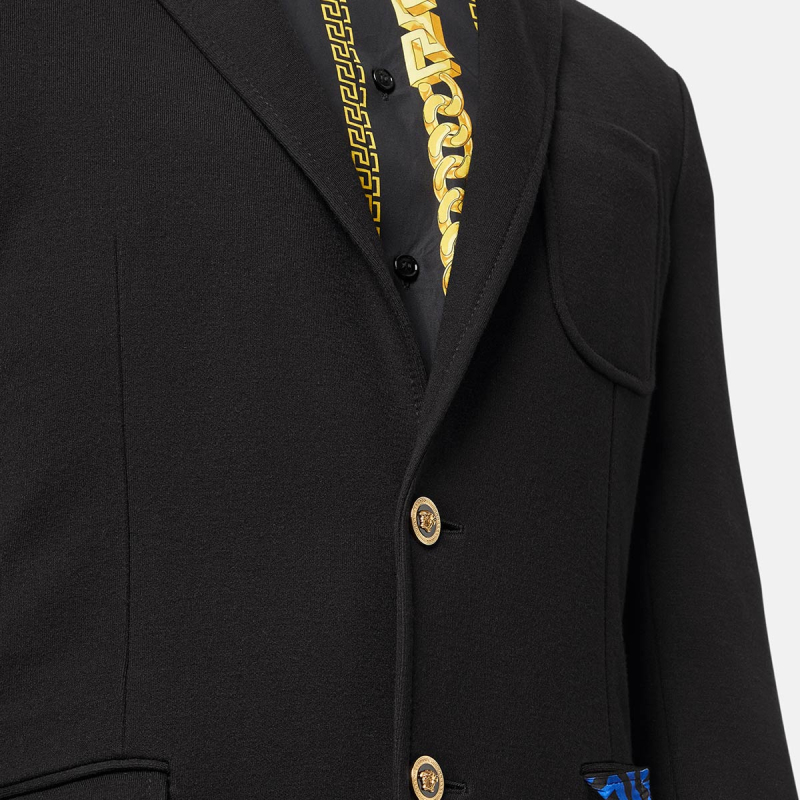 Details for 베르사체 SS22 슬림 핏 블랙 블레이저 골드 버튼 남성용. 1004075-1A02387-1B000