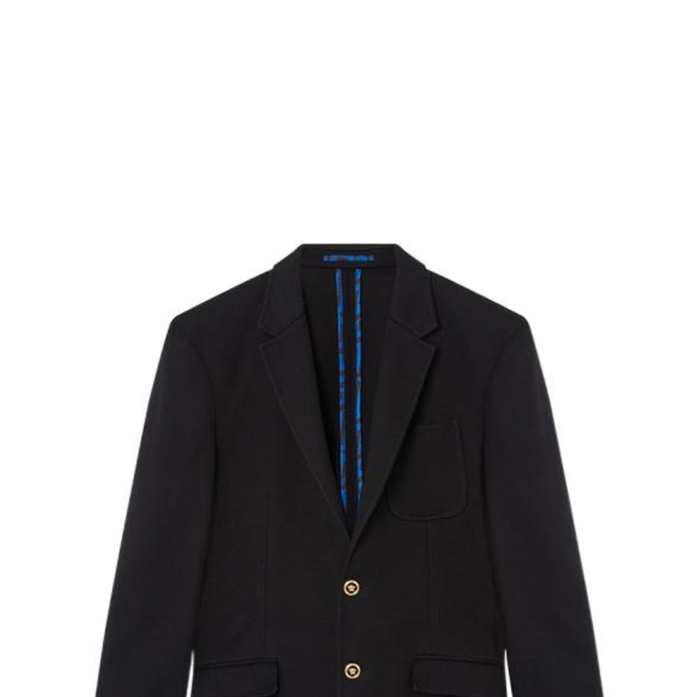 Sizing 베르사체 SS22 슬림 핏 블랙 블레이저 골드 버튼 남성용. 1004075-1A02387-1B000