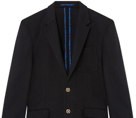 베르사체 SS22 슬림 핏 블랙 블레이저 골드 버튼 남성용. 1004075-1A02387-1B000 Sizing 베르사체 SS22 슬림 핏 블랙 블레이저 골드 버튼 남성용. 1004075-1A02387-1B000