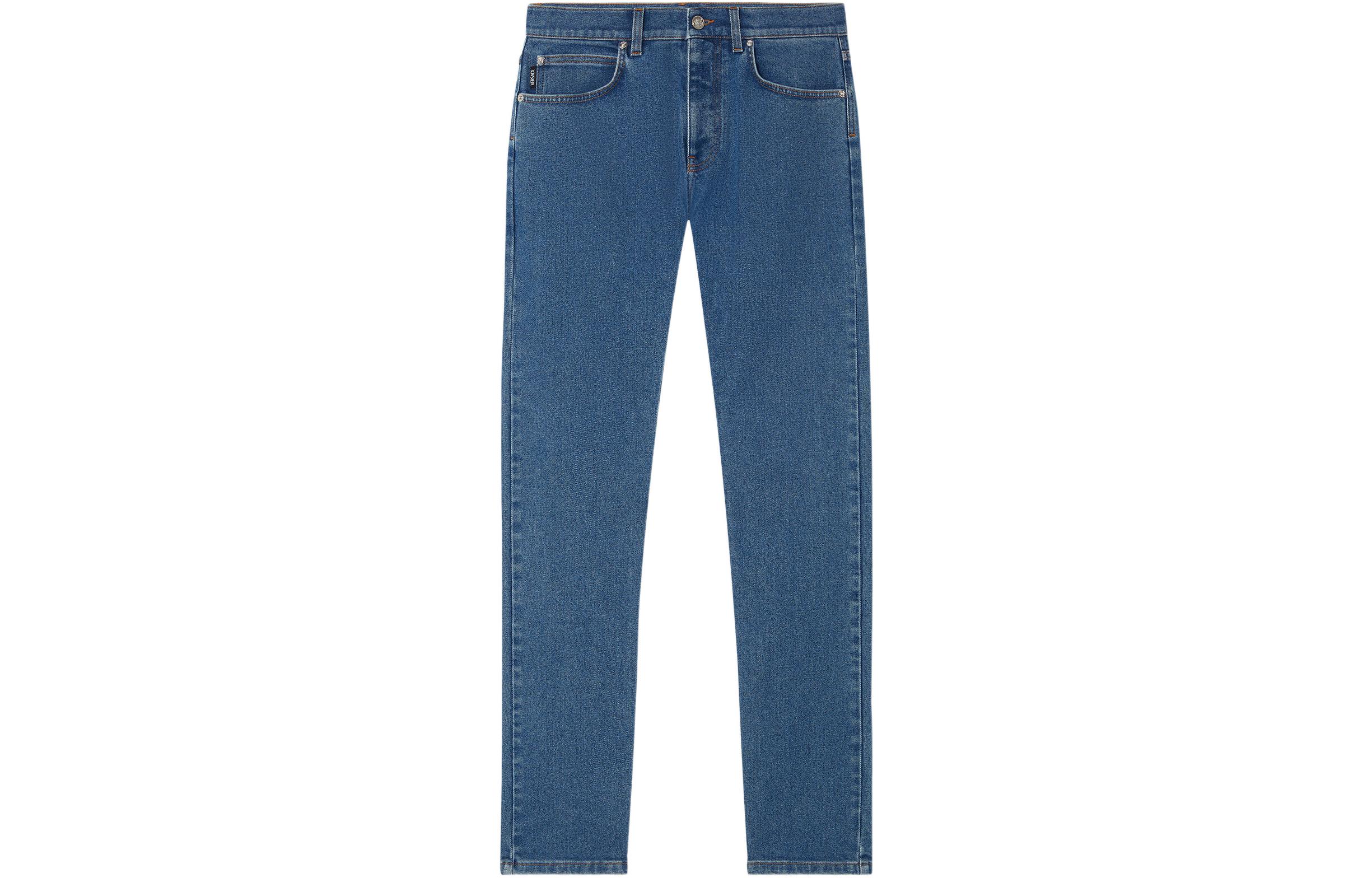 VERSACE SS22 Slim Fit Mid-Rise Solid Blue Jeans for Men with Buttoned Pockets. A81832-1A02877-1D030