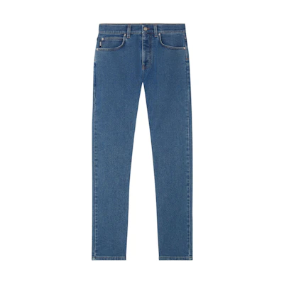 VERSACE SS22 Slim Fit Mid-Rise Solid Blue Jeans for Men with Buttoned Pockets. A81832-1A02877-1D030