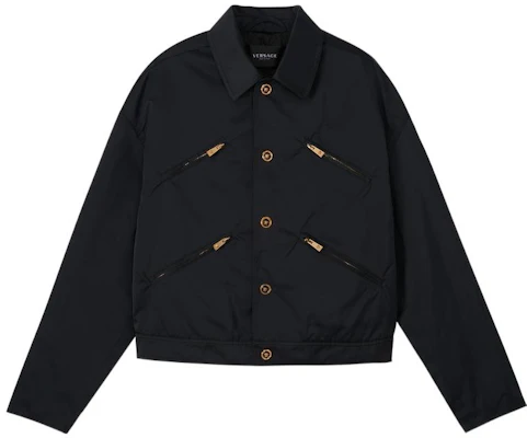 Versace SS22 Jaket Hitam Single-Breasted dengan Poket Berzip 1006722-1A04650-1B000 Buy Versace SS22 Jaket Hitam Single-Breasted dengan Poket Berzip 1006722-1A04650-1B000