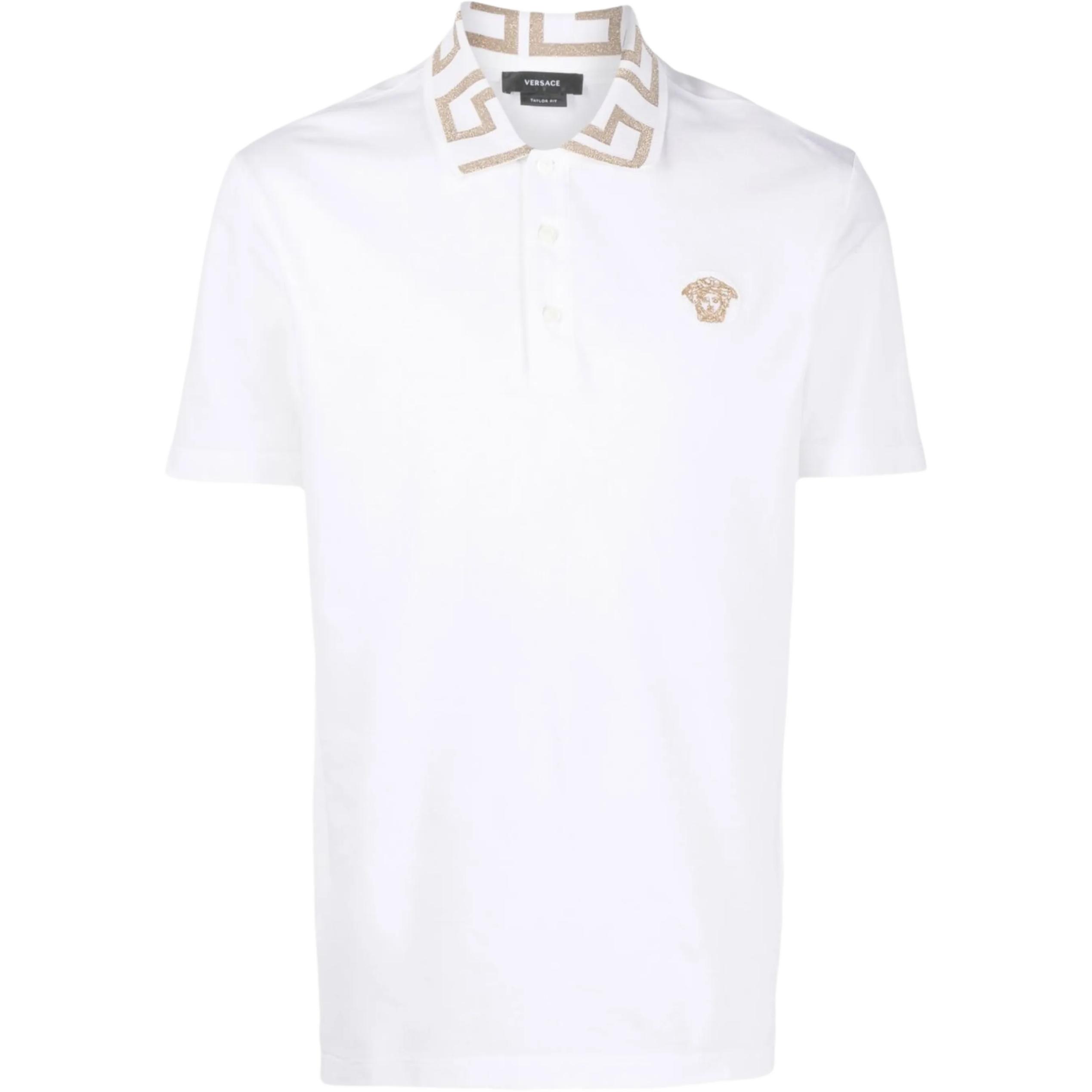VERSACE SS22 White Polo Shirt with Solid Color and Logo for Men. A87402-1A01552-A1001