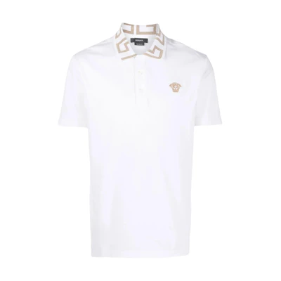 VERSACE SS22 White Polo Shirt with Solid Color and Logo for Men. A87402-1A01552-A1001