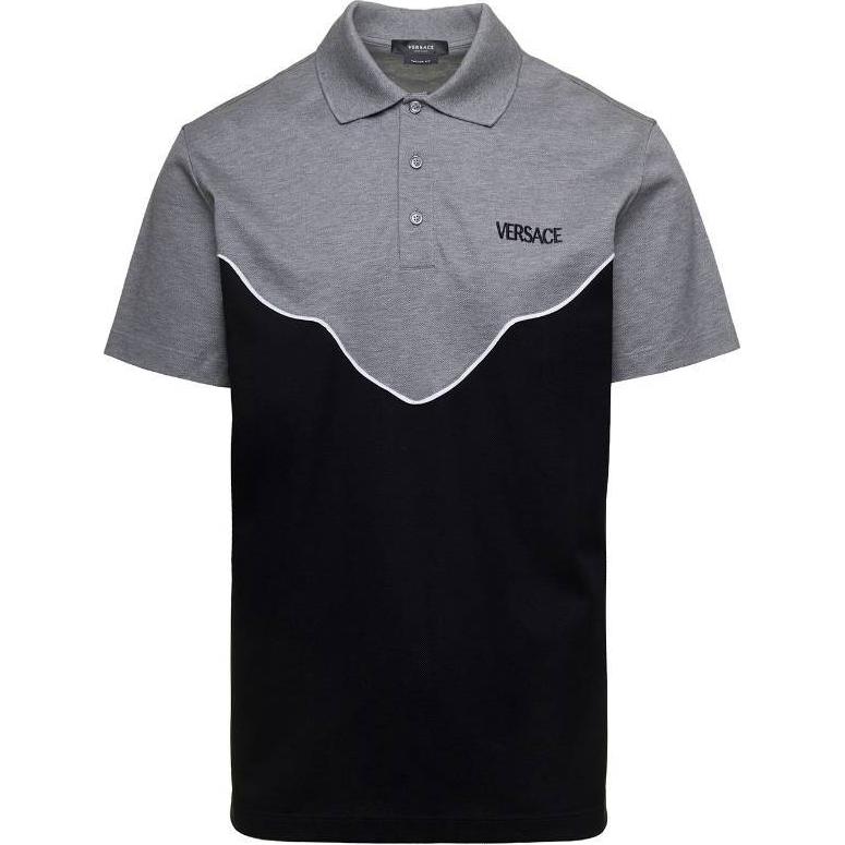 VERSACE SS23  Black-Grey Polo Collar Letter Patch Short Sleeve Tee 10106091A076432ED10