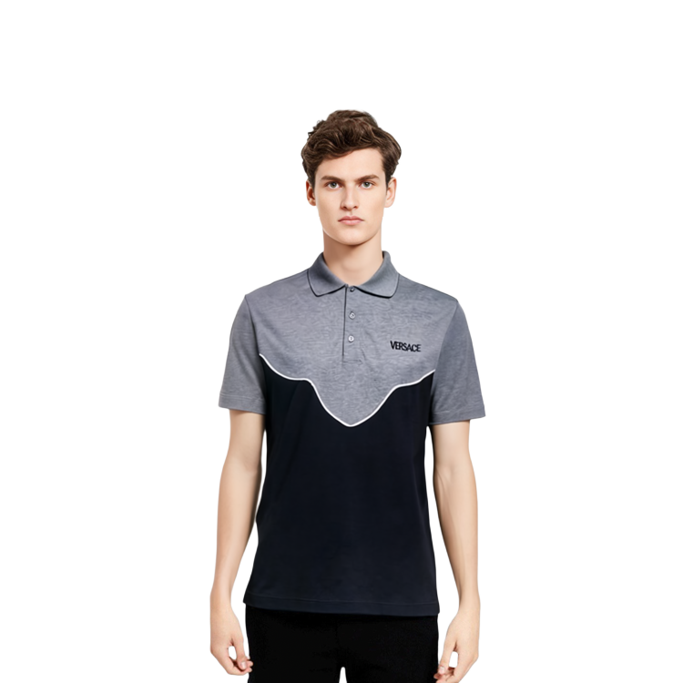 Shop VERSACE SS23  Black-Grey Polo Collar Letter Patch Short Sleeve Tee 10106091A076432ED10