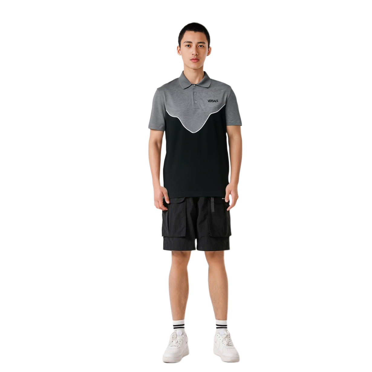 Purchase VERSACE SS23  Black-Grey Polo Collar Letter Patch Short Sleeve Tee 10106091A076432ED10