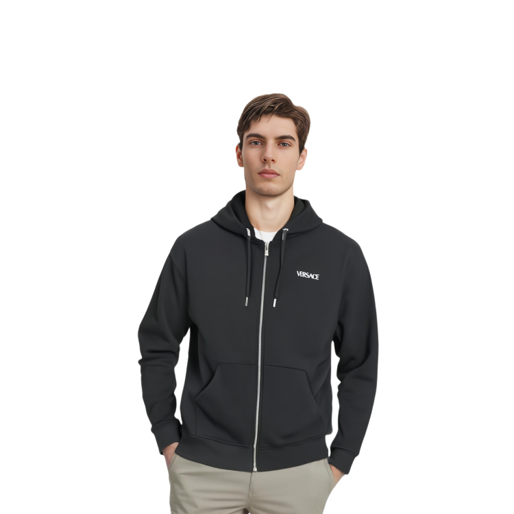 Shop VERSACE SS23 黑色背印拉鍊連帽外套 1010682-1A07744-2B510