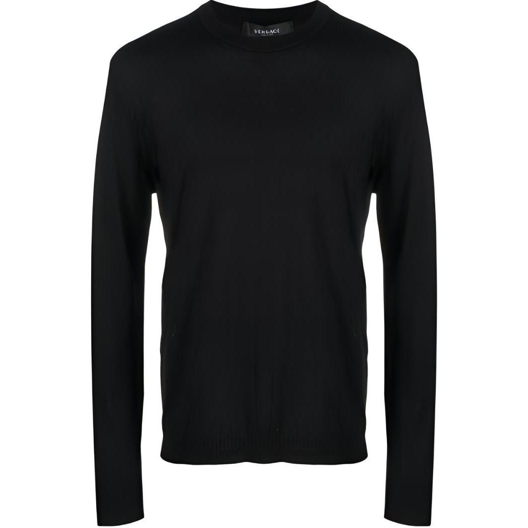 VERSACE SS23  Black Crewneck Pullover Sweater with Logo Embroidery. 1008476-1A05524-1B000
