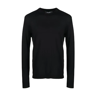 VERSACE SS23 Black Crewneck Pullover Sweater with Logo Embroidery. 1008476-1A05524-1B000