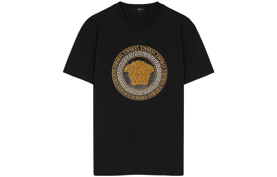 Order ヴェルサーチ SS23 ブラック クルーネック Tシャツ レタープリント入り 1010633-1A07692-1B000