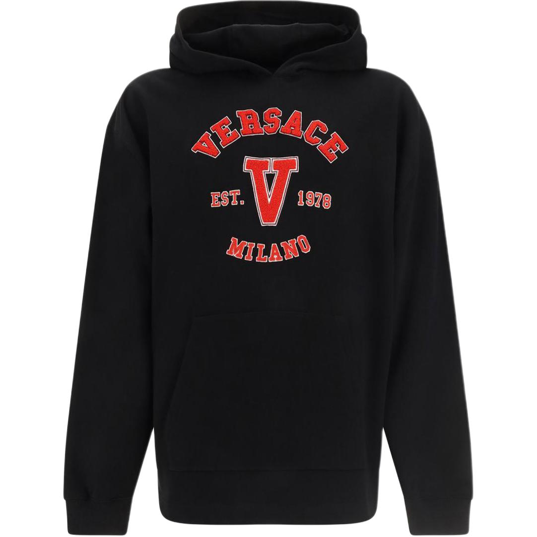 VERSACE SS23  Black Hooded Pullover Sweatshirt with Red Letter Print 1008065-1A05751-1B000