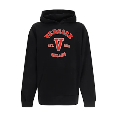 VERSACE SS23 Black Hooded Pullover Sweatshirt with Red Letter Print 1008065-1A05751-1B000