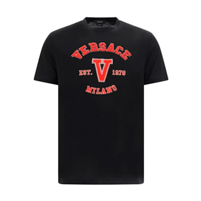 VERSACE SS23 Black Logo Patch Crew Neck T-Shirt 1008480-1A06062-1B000
