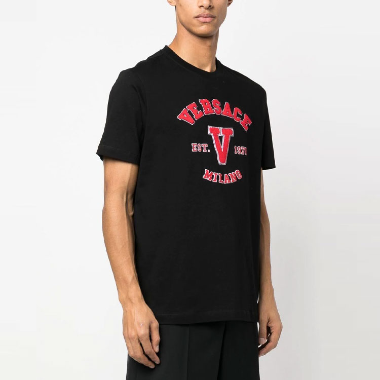Purchase VERSACE SS23  Black Logo Patch Crew Neck T-Shirt 1008480-1A06062-1B000
