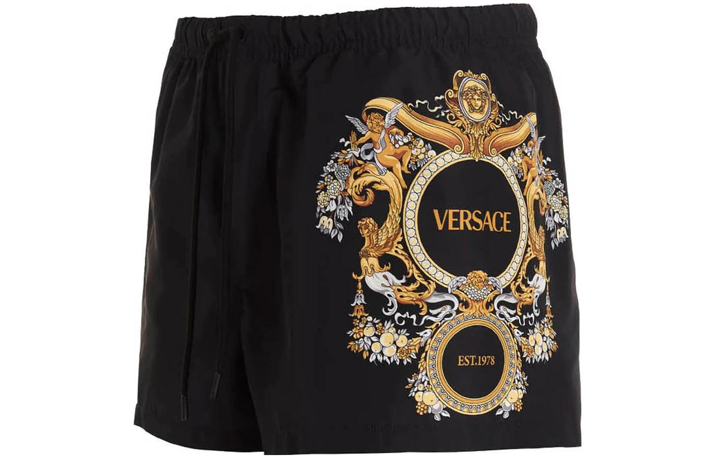 Shop Versace SS23 黑色印花抽繩短褲 1001597-1A06330-5B020