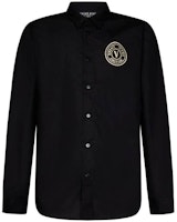 VERSACE SS23 Black Long-Sleeve Collared Shirt with Letter Print Design 75GALYS-2CN00-2899 VERSACE SS23 Black Long-Sleeve Collared Shirt with Letter Print Design 75GALYS-2CN00-2899
