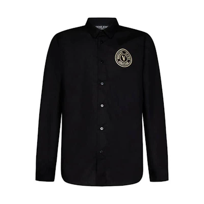 VERSACE SS23 Black Long-Sleeve Collared Shirt with Letter Print Design 75GALYS-2CN00-2899