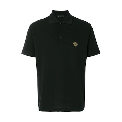VERSACE SS23 Black Plain Logo Embroidered Polo Shirt A89507S-A231377-2B130