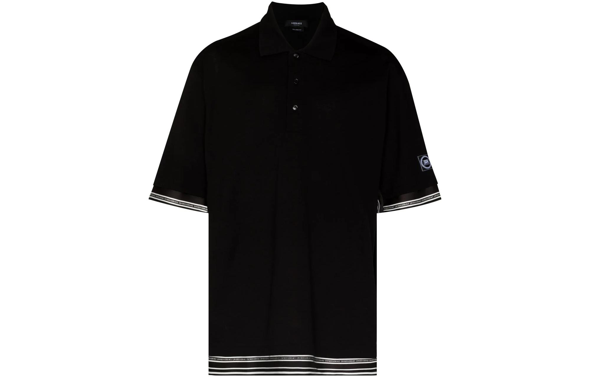 VERSACE SS23  Black Polo Shirt with Logo and Ribbon Detail. 1005192-1A03483-1B000