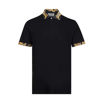 VERSACE SS23 Black Printed Short Sleeve Polo Shirt. 74GAGT1-8CJ01TB-899