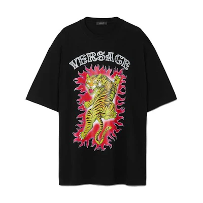 VERSACE SS23 Black Short-Sleeve Crewneck T-Shirt with Animal Print. 1010235-1A07456-1B000