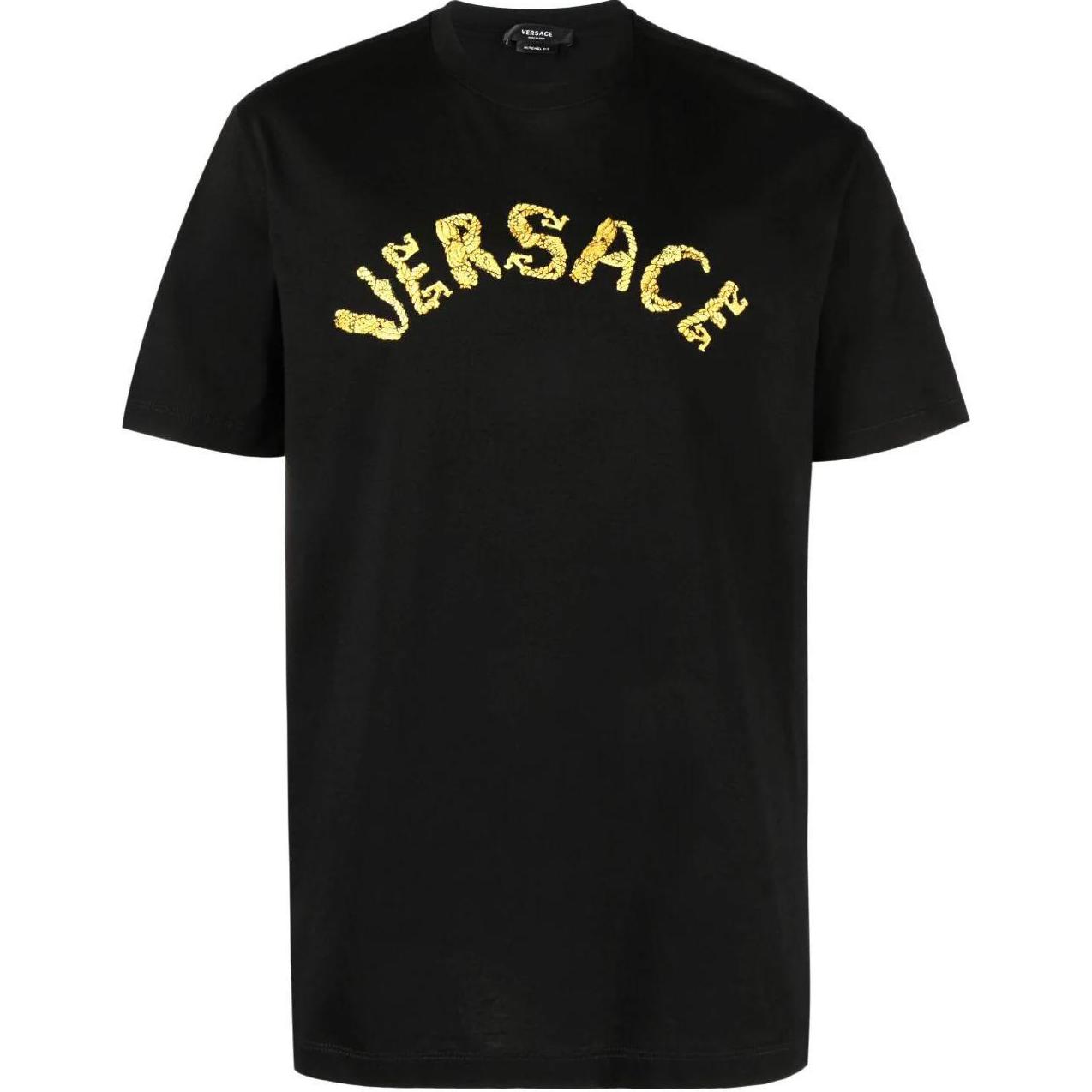 VERSACE SS23  Black T-Shirt with Letter Print Crewneck Design 1010641-1A07700-1B000
