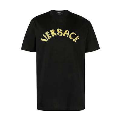 VERSACE SS23 Black T-Shirt with Letter Print Crewneck Design 1010641-1A07700-1B000