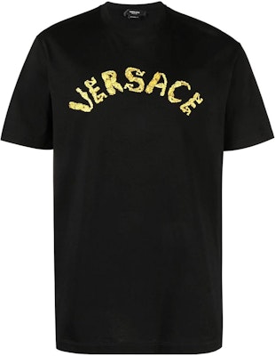 ヴェルサーチ SS23 ブラックTシャツ レタープリント入りクルーネックデザイン 1010641-1A07700-1B000 Order ヴェルサーチ SS23 ブラックTシャツ レタープリント入りクルーネックデザイン 1010641-1A07700-1B000