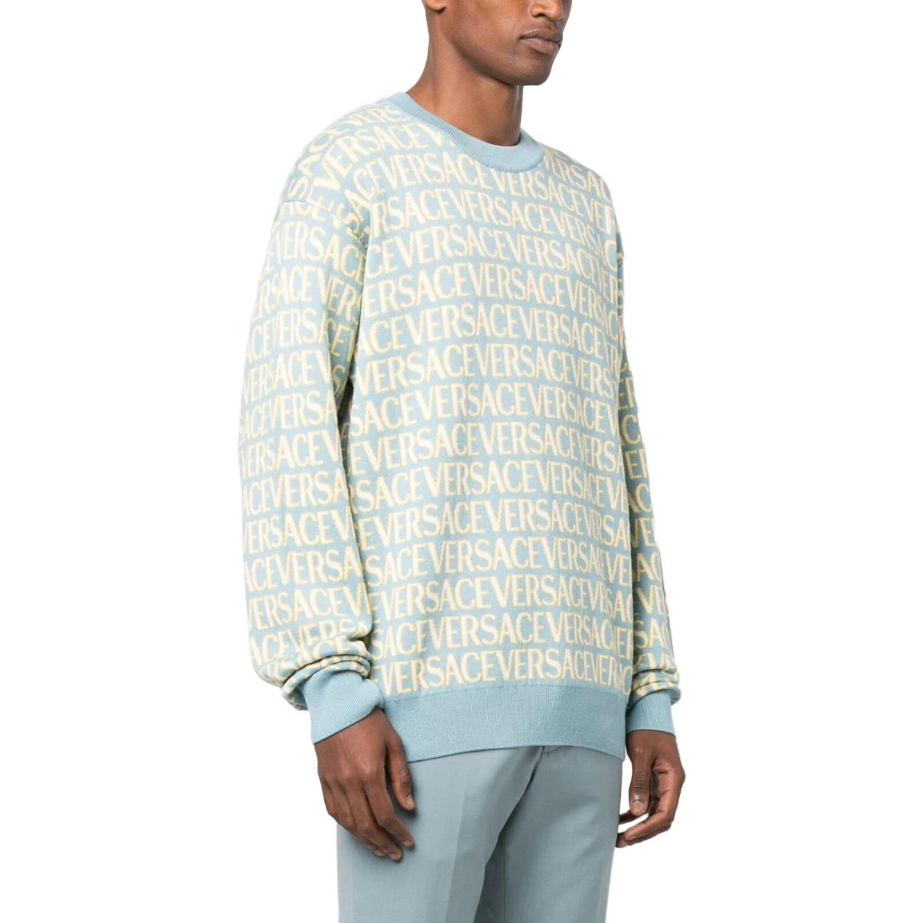 Shop VERSACE SS23  Blue Crewneck Sweatshirt with Letter Print. 10102491A07466