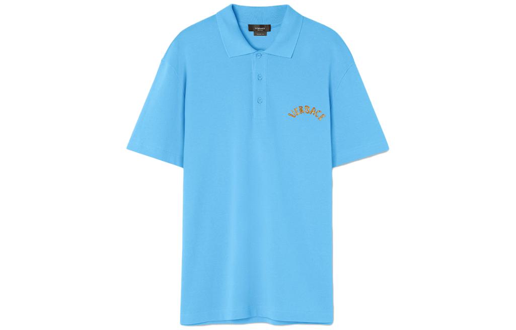 VERSACE SS23  Blue Embroidered Logo Short Sleeve Polo Shirt 1010639-1A07698-1VA90