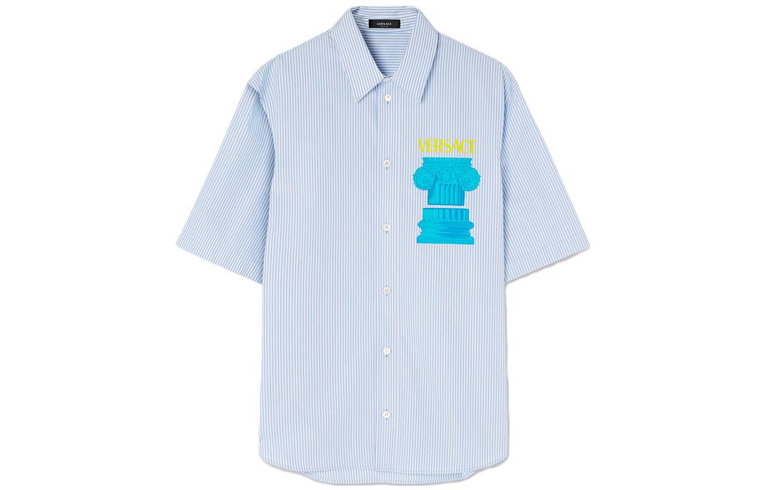 VERSACE SS23  Blue Letter Stripe Print Short Sleeve Shirt 1010841-1A07900-2WG70