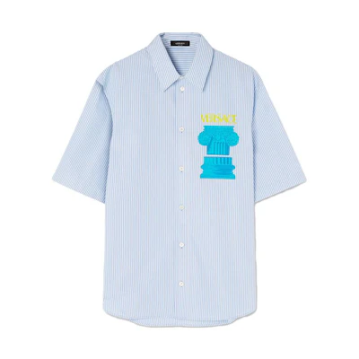 VERSACE SS23 Blue Letter Stripe Print Short Sleeve Shirt 1010841-1A07900-2WG70
