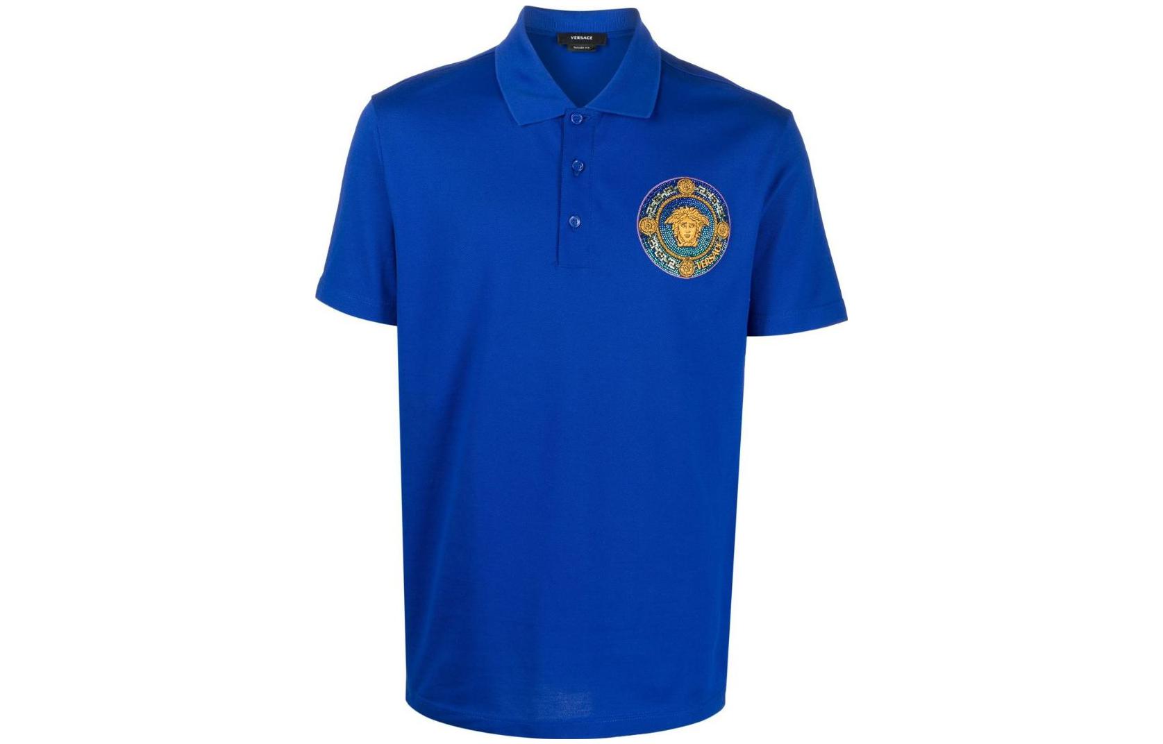 VERSACE SS23  Blue Polo Shirt with Logo Embroidery 100931-1A06768-1UE30