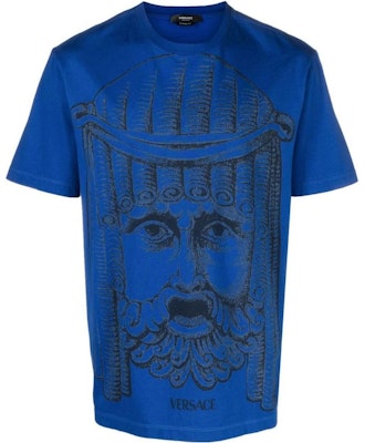 VERSACE SS23 Blue Sculptural Print Relaxed Fit Crew Neck T-Shirt. 1008357-1A05985-1UE30 Order VERSACE SS23 Blue Sculptural Print Relaxed Fit Crew Neck T-Shirt. 1008357-1A05985-1UE30