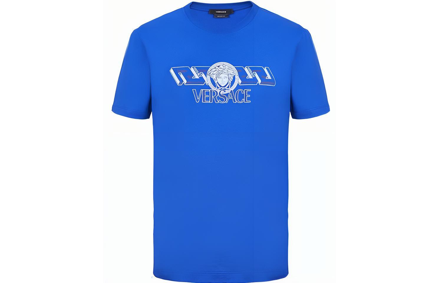 VERSACE SS23  Cobalt Blue Letter Print Crewneck Short Sleeve T-Shirt 1008461-1A06051-1UE30