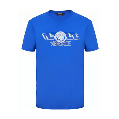VERSACE SS23 Cobalt Blue Letter Print Crewneck Short Sleeve T-Shirt 1008461-1A06051-1UE30