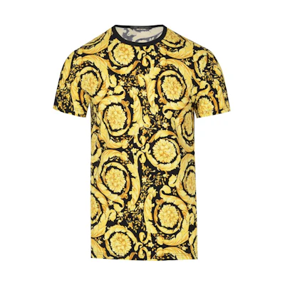 VERSACE SS23 Gold Floral Print Crew Neck T-Shirt. AGU03003-A233294-A7900
