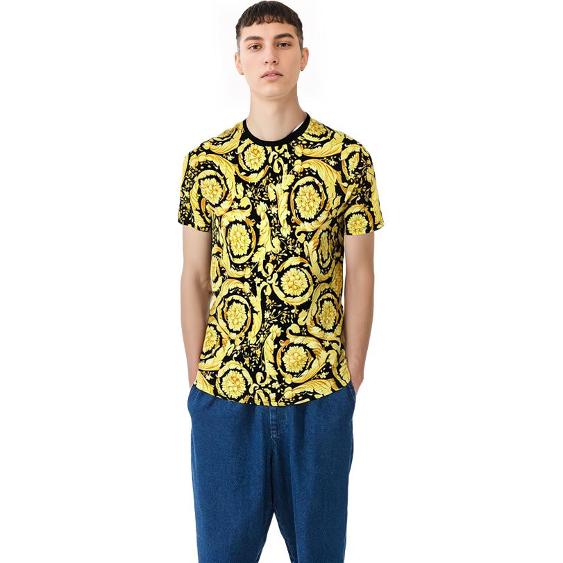 Shop VERSACE 2023春夏金色花卉印花圆领T恤 AGU03003-A233294-A7900