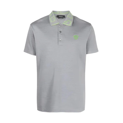 Versace SS23 Grey Short-Sleeve Polo Shirt with Logo Embroidery. A87402-1A06199-2EB80