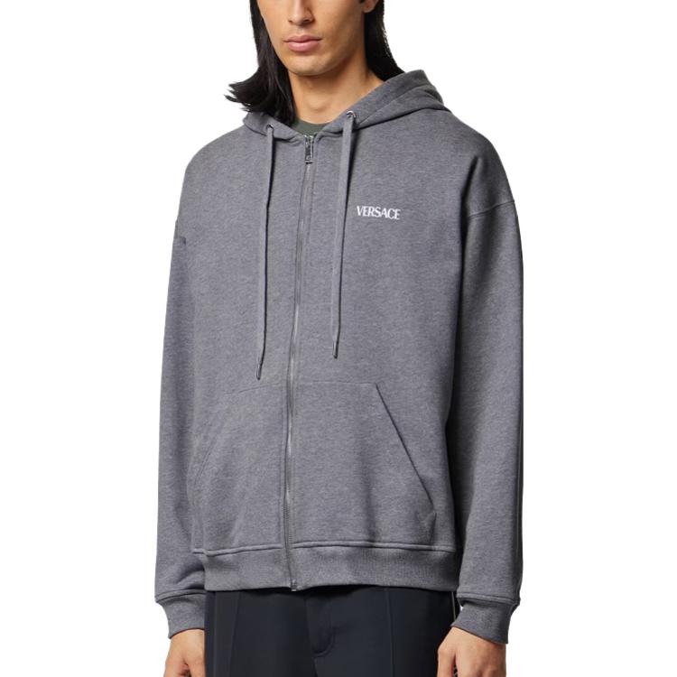 Shop VERSACE SS23  Grey Zip-Up Hoodie with Back Letter Print 1010682-1A07744-2ED40