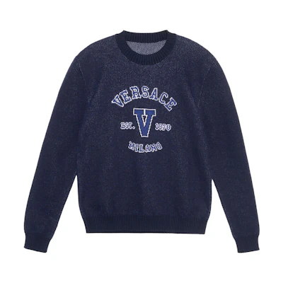 VERSACE SS23 Navy Blue Letter Print Crew Neck Short Sleeve Sweater 1007983-1A05698-2UF90