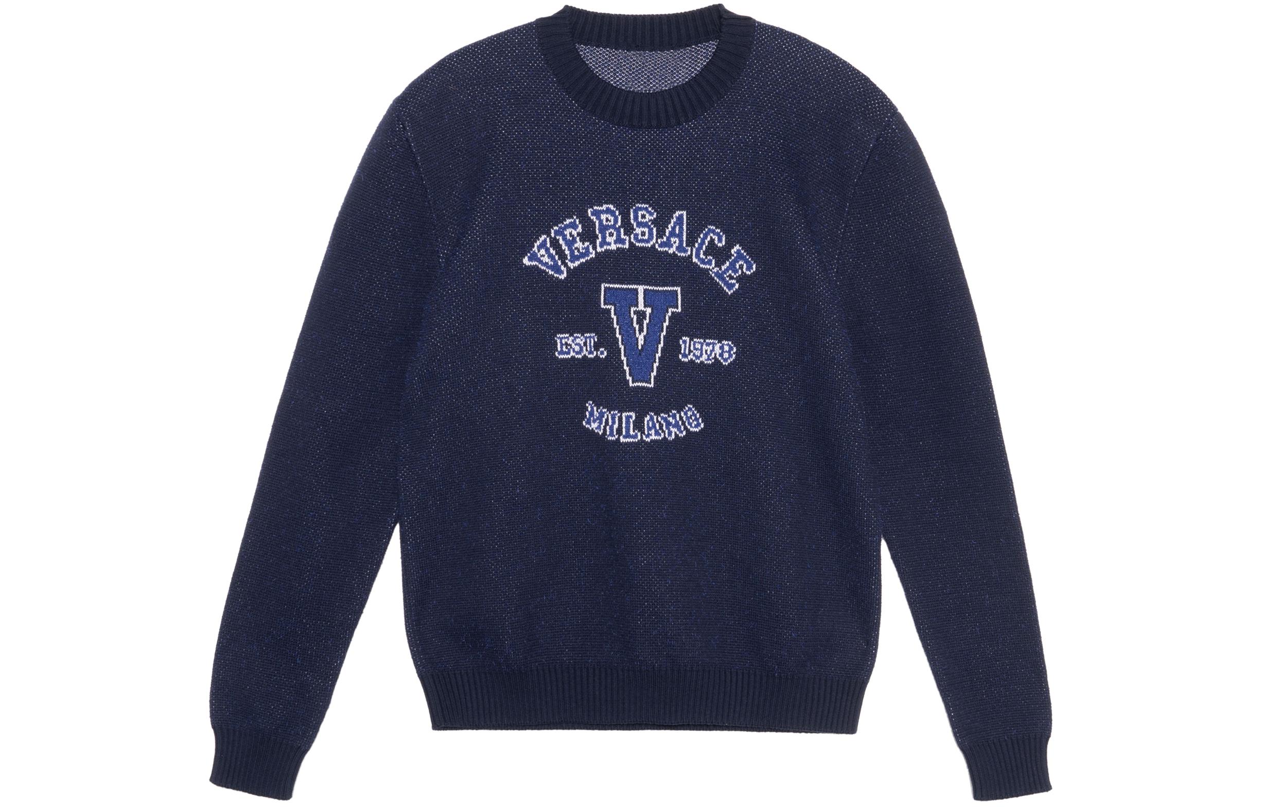 Order VERSACE SS23 Suéter Azul Marino Estampado Letras Cuello Redondo Manga Corta 1007983-1A05698-2UF90