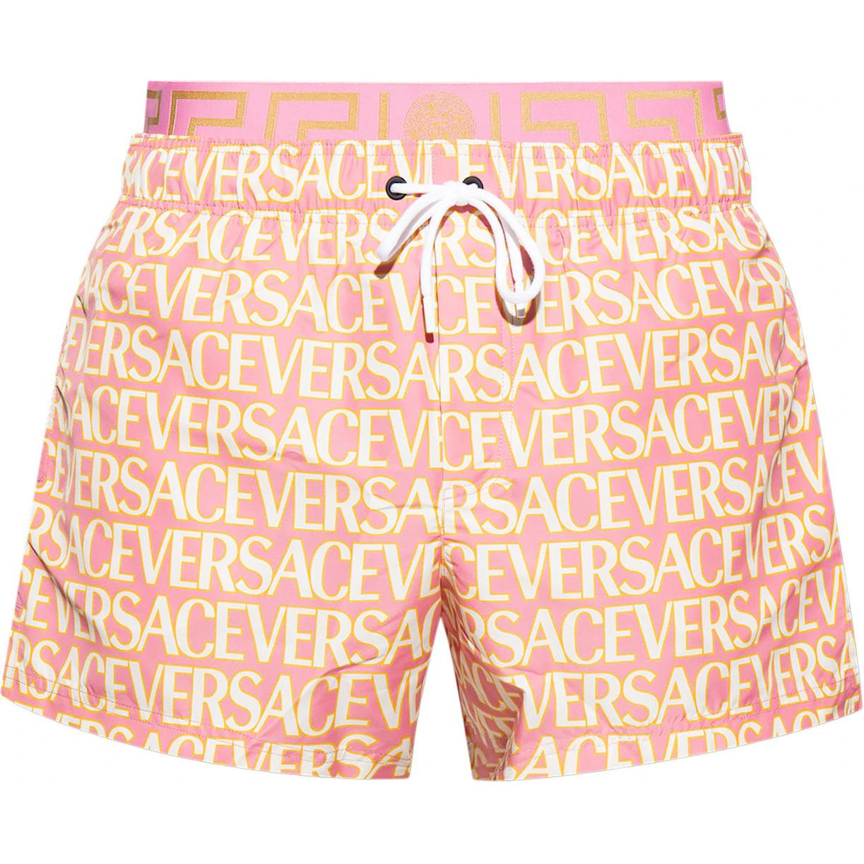 VERSACE SS23  Orange Colorblock Logo Print Drawstring Swim Shorts. 1007841-1A07862-5P830