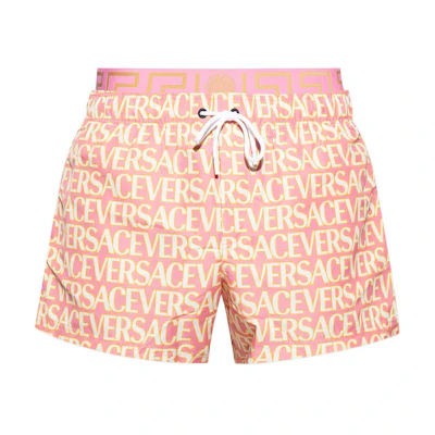 VERSACE SS23 Orange Colorblock Logo Print Drawstring Swim Shorts. 1007841-1A07862-5P830